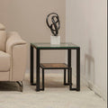 Clear Glass Top Side Table with Lower Wood Shelf and Black Metal Frame, Cibo