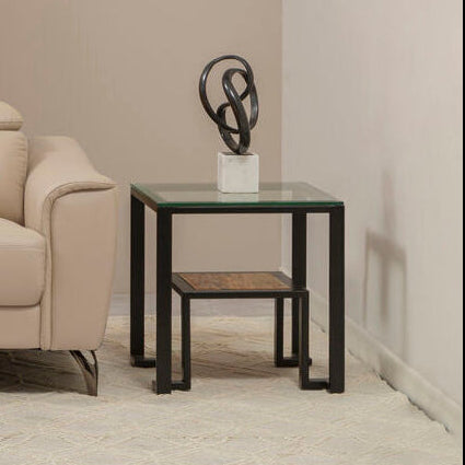 Clear Glass Top Side Table with Lower Wood Shelf and Black Metal Frame, Cibo