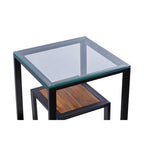 Clear Glass Top Side Table with Lower Wood Shelf and Black Metal Frame, Cibo