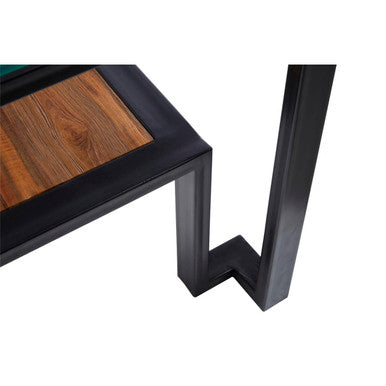 Clear Glass Top Side Table with Lower Wood Shelf and Black Metal Frame, Cibo