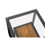 Clear Glass Top Side Table with Lower Wood Shelf and Black Metal Frame, Cibo