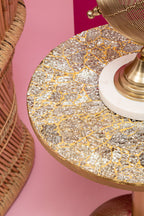 Geometric Mosaic Top Gold Finish Side Table with Slim Column and Round Base | Inventivo