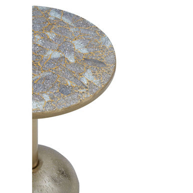 Geometric Mosaic Top Gold Finish Side Table with Slim Column and Round Base | Inventivo