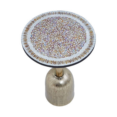 Geometric Mosaic Accent Side Table with Slim Gold Cylindrical Pedestal Base | Inventivo