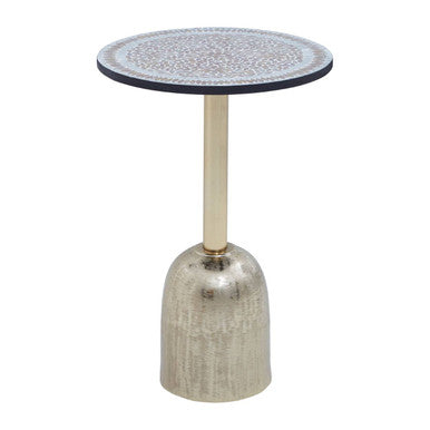 Geometric Mosaic Accent Side Table with Slim Gold Cylindrical Pedestal Base | Inventivo