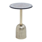 Geometric Mosaic Accent Side Table with Slim Gold Cylindrical Pedestal Base | Inventivo