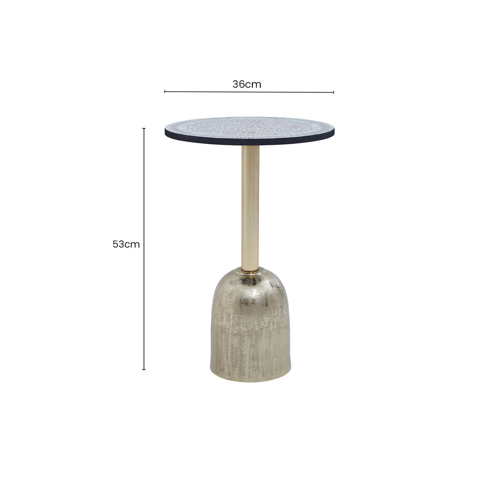 Geometric Mosaic Accent Side Table with Slim Gold Cylindrical Pedestal Base | Inventivo