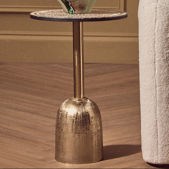 Geometric Mosaic Accent Side Table with Slim Gold Cylindrical Pedestal Base | Inventivo