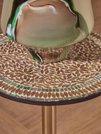 Geometric Mosaic Accent Side Table with Slim Gold Cylindrical Pedestal Base | Inventivo