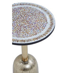 Geometric Mosaic Accent Side Table with Slim Gold Cylindrical Pedestal Base | Inventivo
