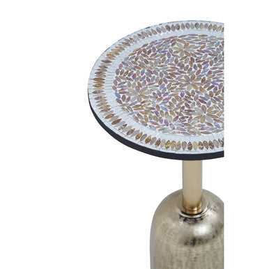 Geometric Mosaic Accent Side Table with Slim Gold Cylindrical Pedestal Base | Inventivo