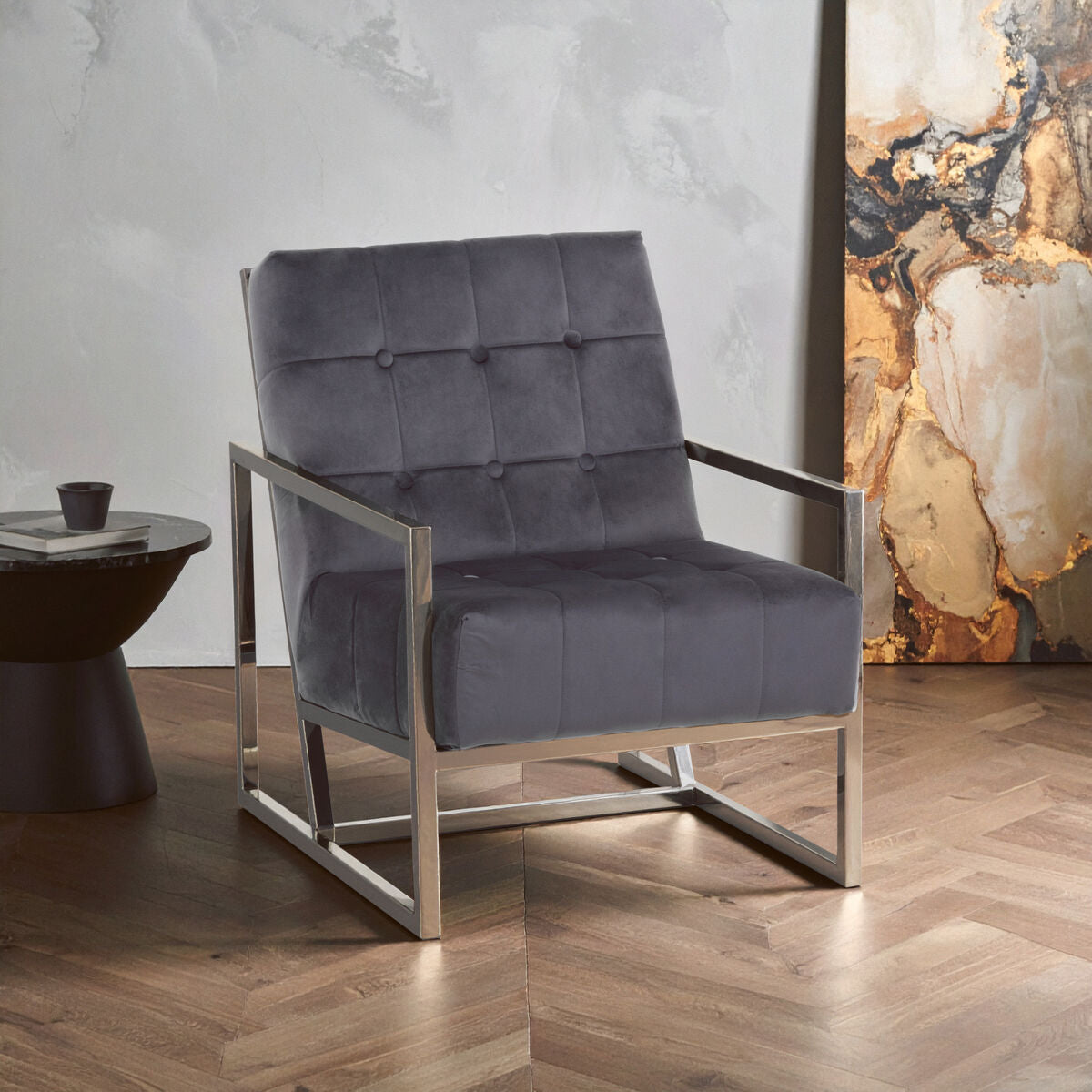 Grey Velvet Chair with Stainless Steel Frame | Hana