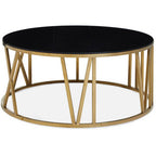 Brushed Gold Finish Steel Side Table with Roman Numeral Frame and Black Tempered Glass Top | Alana