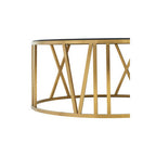 Brushed Gold Finish Steel Side Table with Roman Numeral Frame and Black Tempered Glass Top | Alana