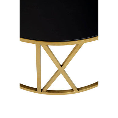 Brushed Gold Finish Steel Side Table with Roman Numeral Frame and Black Tempered Glass Top | Alana