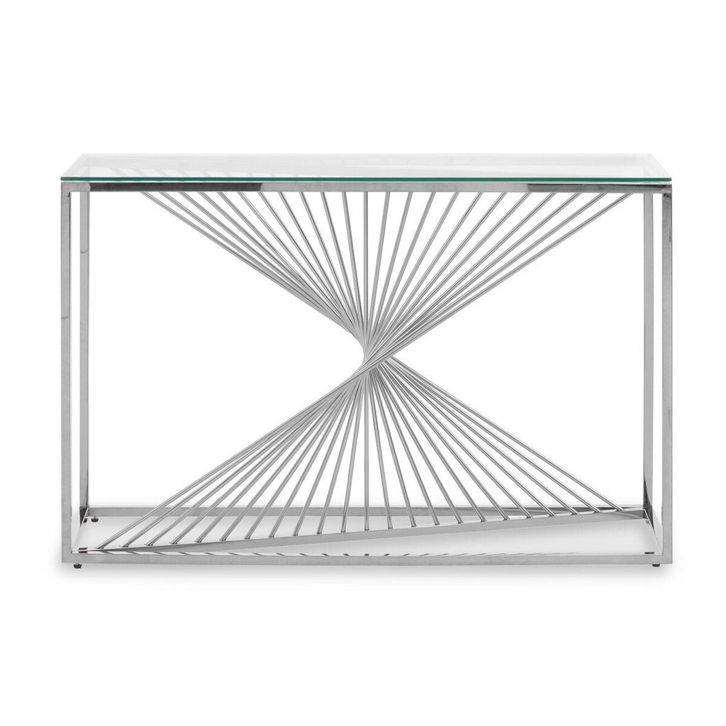 Clear Tempered Glass Top Console Table with Silver Finish Stainless Steel and Twisted Staircase Base | Amella