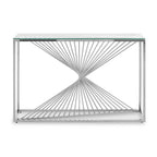 Clear Tempered Glass Top Console Table with Silver Finish Stainless Steel and Twisted Staircase Base | Amella
