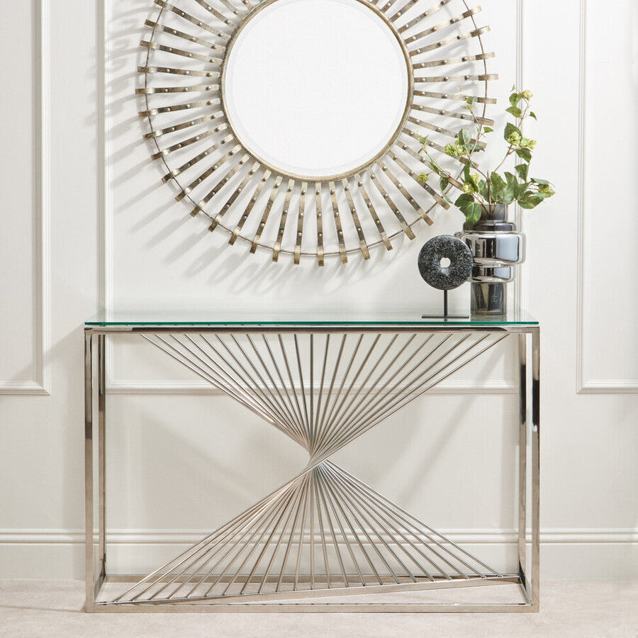 Clear Tempered Glass Top Console Table with Silver Finish Stainless Steel and Twisted Staircase Base | Amella
