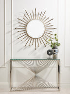 Clear Tempered Glass Top Console Table with Silver Finish Stainless Steel and Twisted Staircase Base | Amella