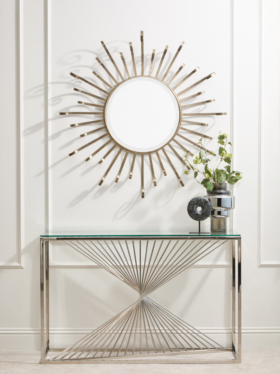 Clear Tempered Glass Top Console Table with Silver Finish Stainless Steel and Twisted Staircase Base | Amella