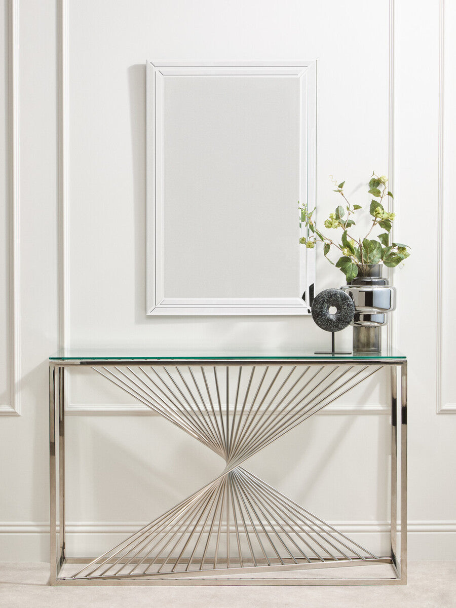 Clear Tempered Glass Top Console Table with Silver Finish Stainless Steel and Twisted Staircase Base | Amella