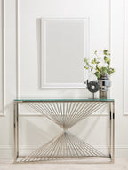 Clear Tempered Glass Top Console Table with Silver Finish Stainless Steel and Twisted Staircase Base | Amella