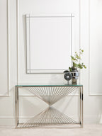 Clear Tempered Glass Top Console Table with Silver Finish Stainless Steel and Twisted Staircase Base | Amella