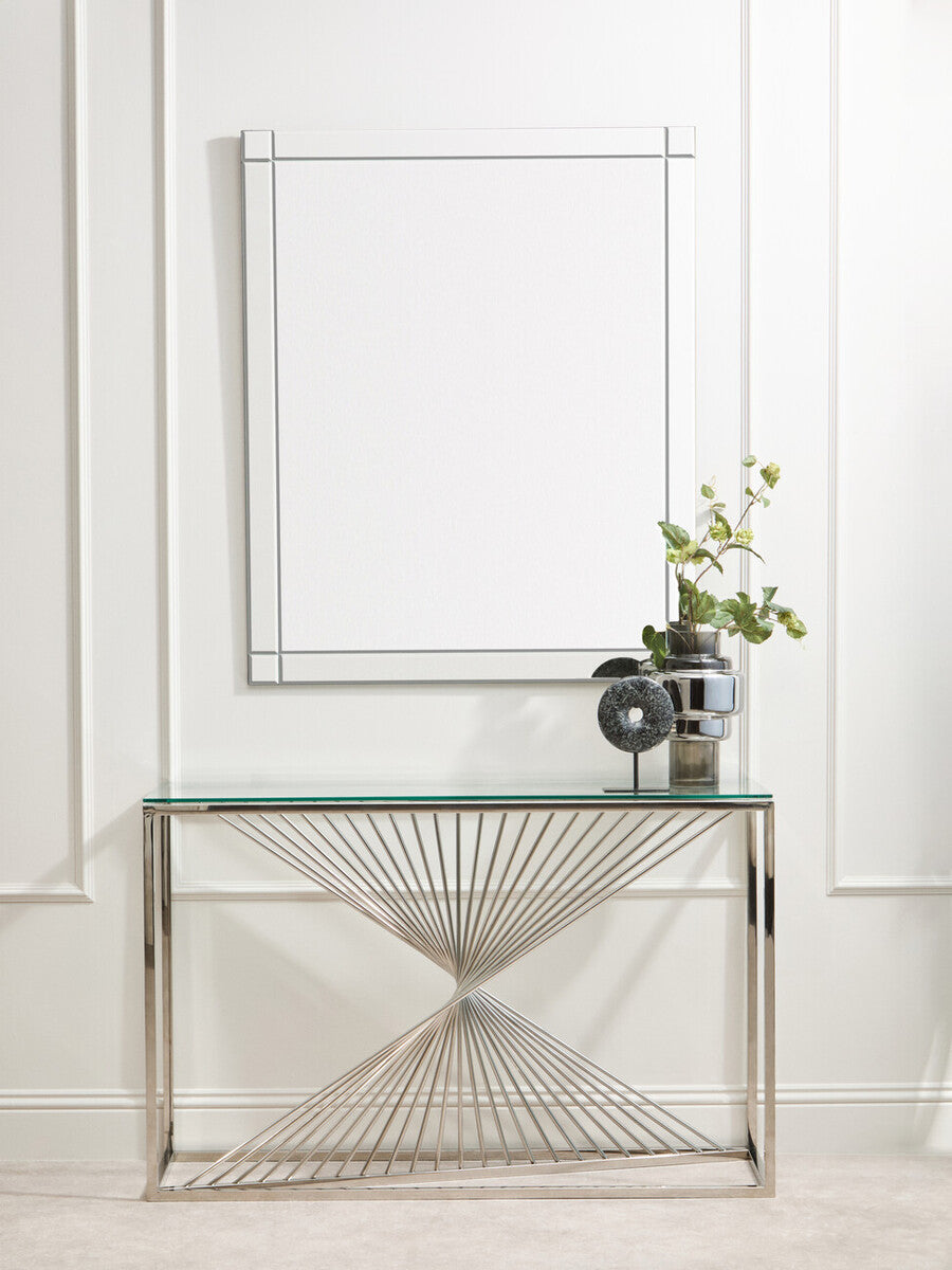 Clear Tempered Glass Top Console Table with Silver Finish Stainless Steel and Twisted Staircase Base | Amella