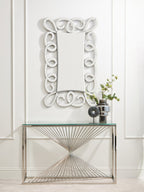 Clear Tempered Glass Top Console Table with Silver Finish Stainless Steel and Twisted Staircase Base | Amella
