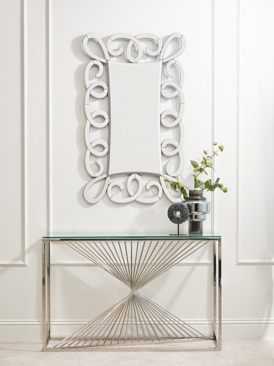 Clear Tempered Glass Top Console Table with Silver Finish Stainless Steel and Twisted Staircase Base | Amella
