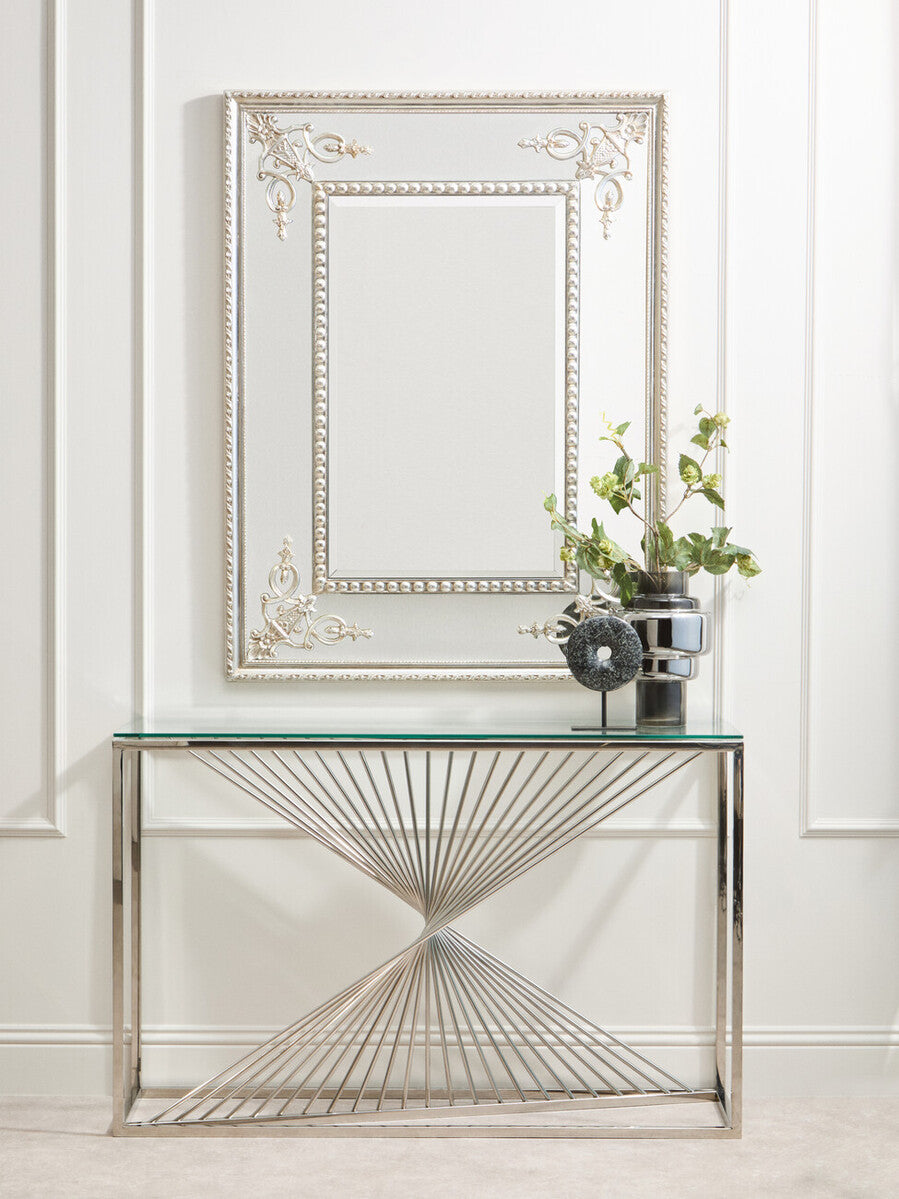 Clear Tempered Glass Top Console Table with Silver Finish Stainless Steel and Twisted Staircase Base | Amella
