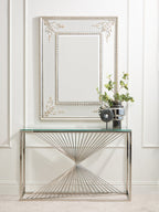 Clear Tempered Glass Top Console Table with Silver Finish Stainless Steel and Twisted Staircase Base | Amella
