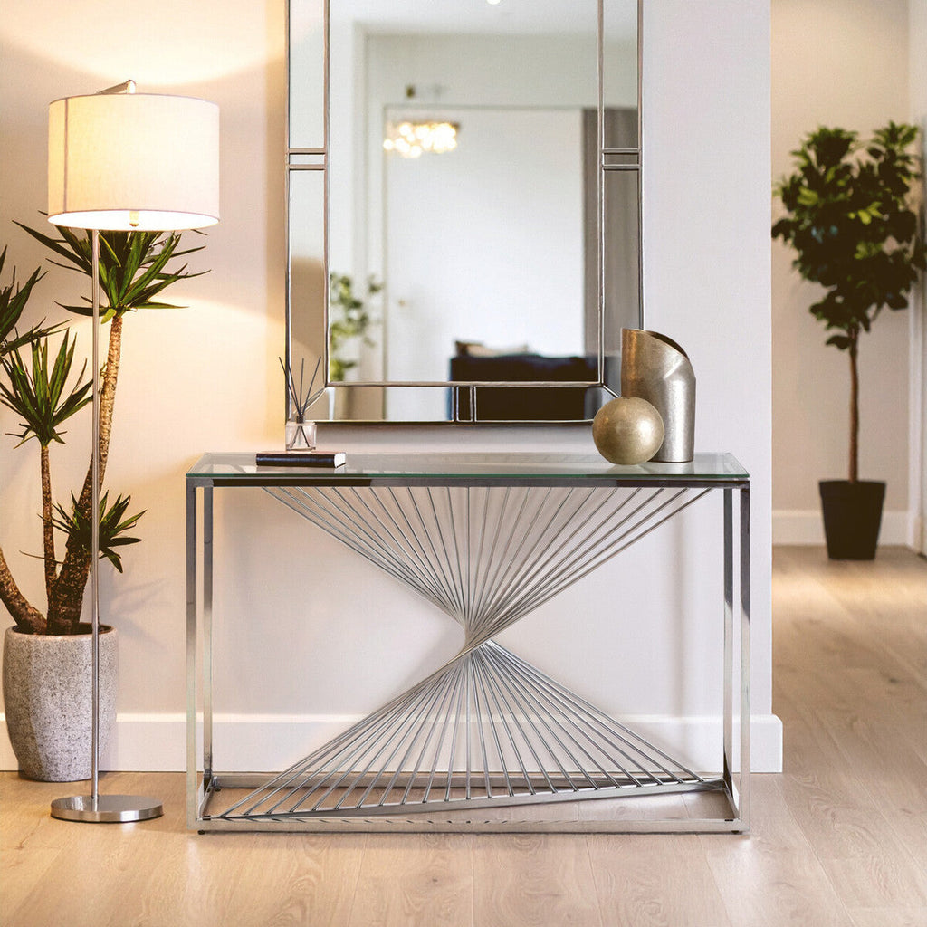 Clear Tempered Glass Top Console Table with Silver Finish Stainless Steel and Twisted Staircase Base | Amella