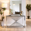 Clear Tempered Glass Top Console Table with Silver Finish Stainless Steel and Twisted Staircase Base | Amella
