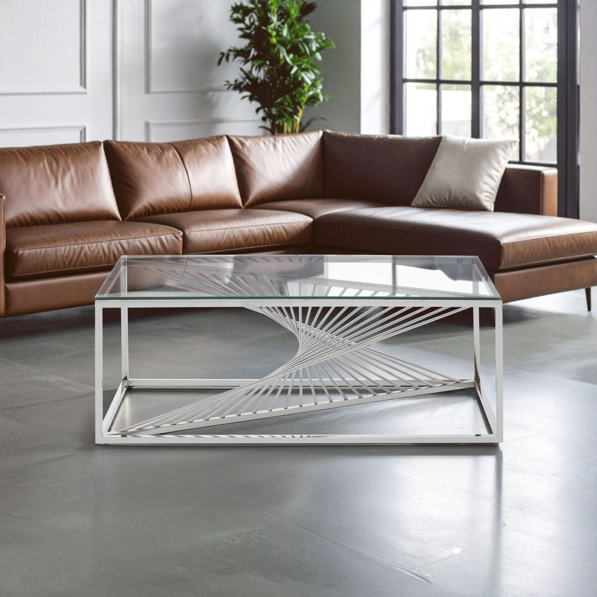 Silver Finish Steel Frame Coffee Table with Glass Top | Amella
