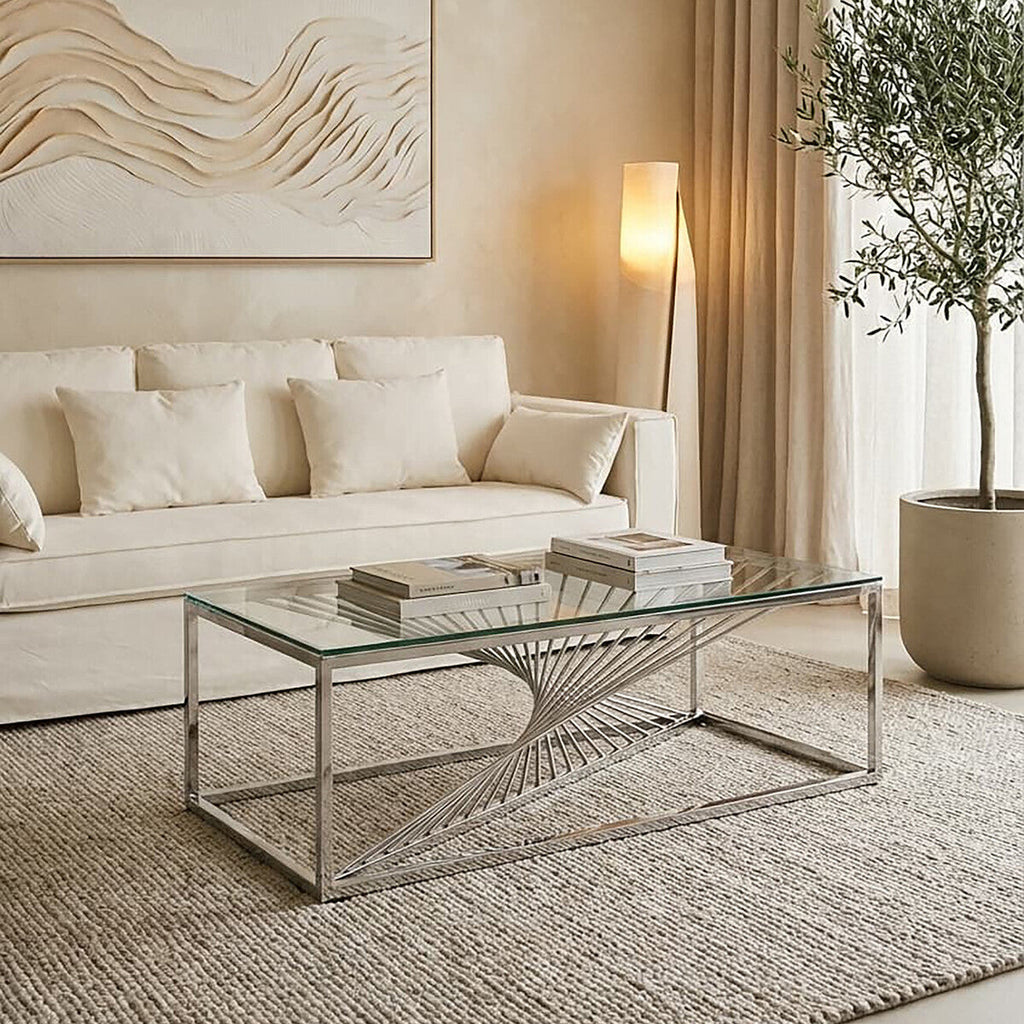 Silver Finish Steel Frame Coffee Table with Glass Top | Amella