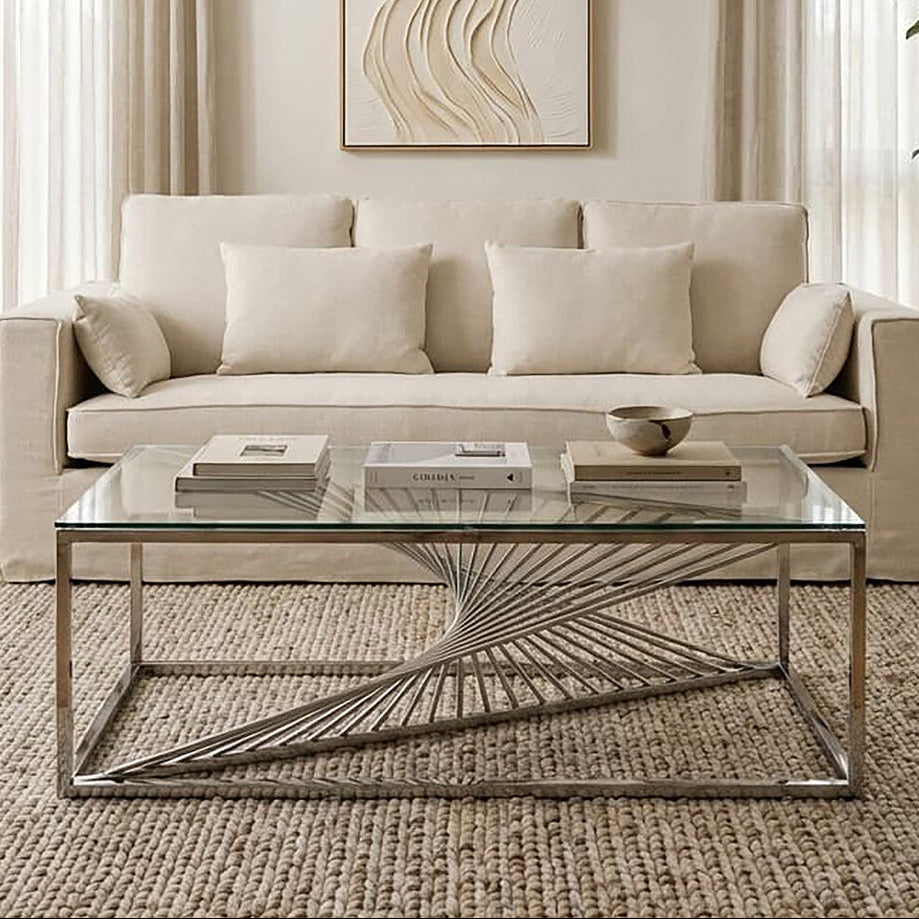 Silver Finish Steel Frame Coffee Table with Glass Top | Amella