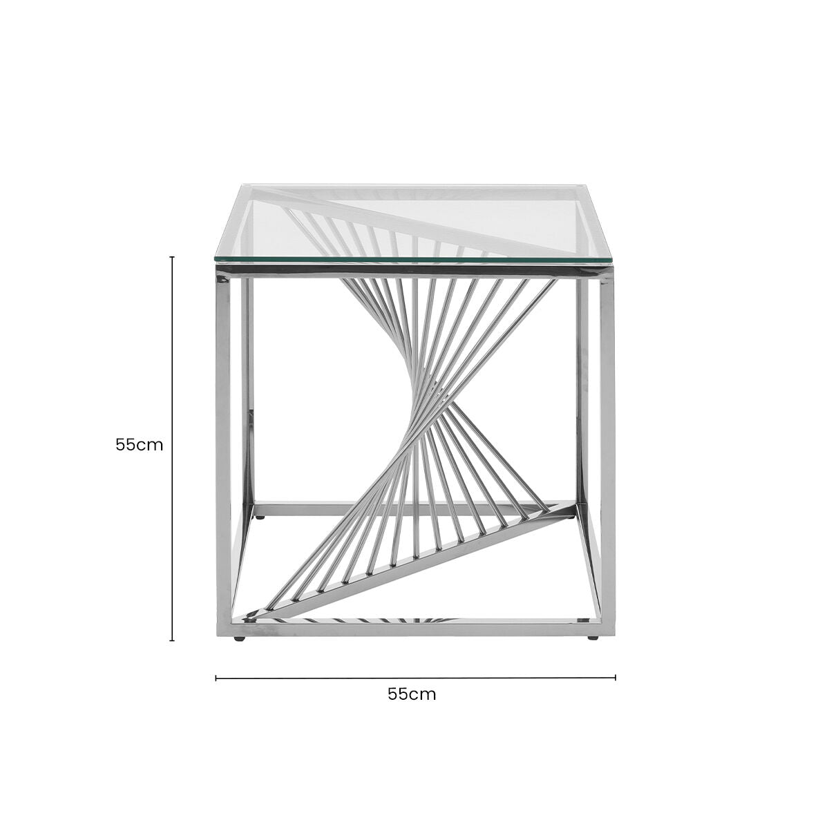 Silver Stainless Steel Frame End Table with Clear Tempered Glass Top and Spiral Staircase Inspired Centre | Amella
