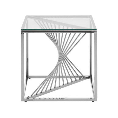 Silver Stainless Steel Frame End Table with Clear Tempered Glass Top and Spiral Staircase Inspired Centre | Amella