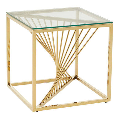 Clear Tempered Glass Top End Table with Gold Finish Frame and Inner Twisted Staircase Design | Amella