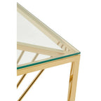 Clear Tempered Glass Top End Table with Gold Finish Frame and Inner Twisted Staircase Design | Amella