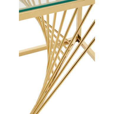 Clear Tempered Glass Top End Table with Gold Finish Frame and Inner Twisted Staircase Design | Amella