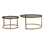 Set of 2 Black Tinted Glass Round Tops Nesting Coffee Tables with Brushed Gold Stainless Steel Frames | Alana