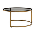 Set of 2 Black Tinted Glass Round Tops Nesting Coffee Tables with Brushed Gold Stainless Steel Frames | Alana