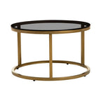Set of 2 Black Tinted Glass Round Tops Nesting Coffee Tables with Brushed Gold Stainless Steel Frames | Alana