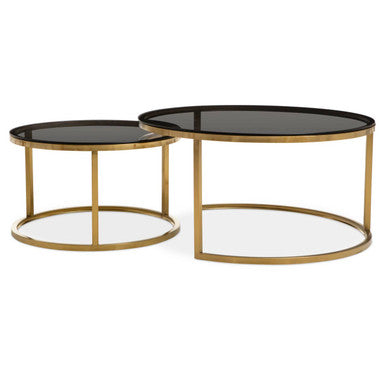 Set of 2 Black Tinted Glass Round Tops Nesting Coffee Tables with Brushed Gold Stainless Steel Frames | Alana