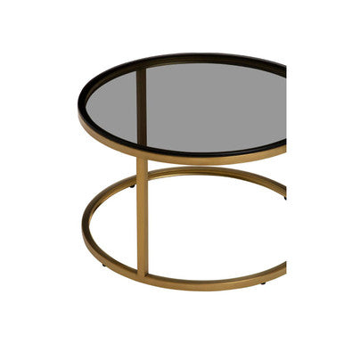 Set of 2 Black Tinted Glass Round Tops Nesting Coffee Tables with Brushed Gold Stainless Steel Frames | Alana