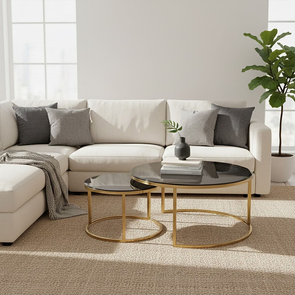 Set of 2 Black Tinted Glass Round Tops Nesting Coffee Tables with Brushed Gold Stainless Steel Frames | Alana