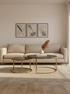 Set of 2 Black Tinted Glass Round Tops Nesting Coffee Tables with Brushed Gold Stainless Steel Frames | Alana