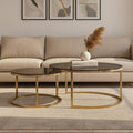 Set of 2 Black Tinted Glass Round Tops Nesting Coffee Tables with Brushed Gold Stainless Steel Frames | Alana
